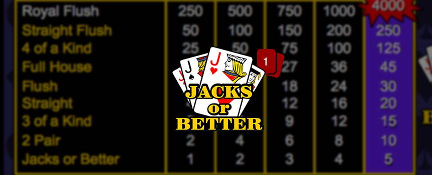 Want to jack up your pile of cash? Playing Jacks or Better can help you pad that piggybank with great payouts. In this version of draw poker, all you need is a pair of jacks and you win. To get started, press Deal and the dealer will issue you five cards. Hang on to the cards you like and discard the ones you don't. The bigger the bet, the larger the payday. Boost your bankroll with this online Video Poker game now.